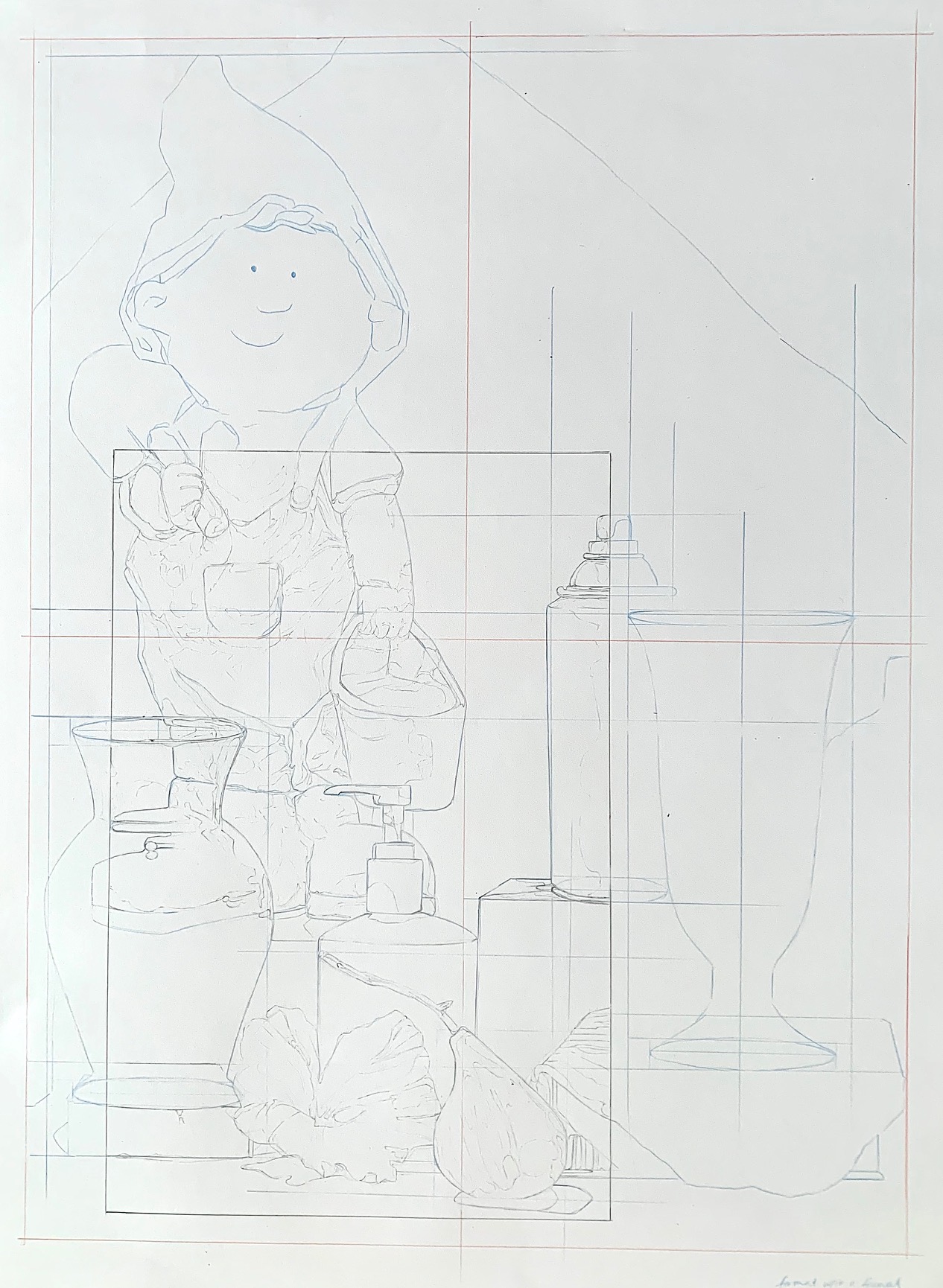 A pencil sketch drawing featuring a smiling child figure holding a bucket, surrounded by various objects including bottles, a large vase, and fruits. The composition includes overlapping rectangular frames and geometric lines, suggesting a study of perspective and spatial relationships.