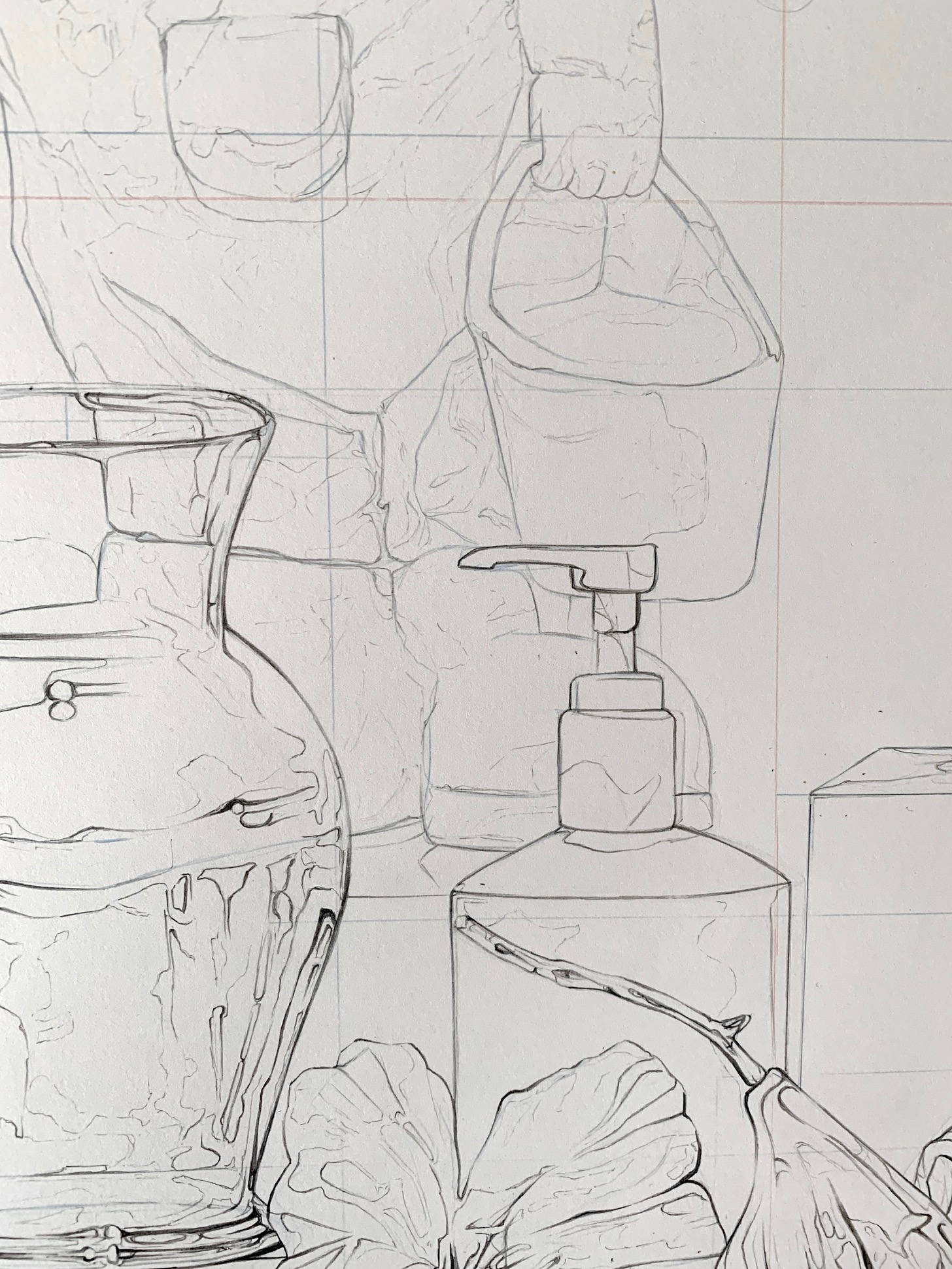 Line drawing of a still life featuring a glass pitcher, a pump bottle, and a branch with leaves arranged on a flat surface. The composition highlights transparent and reflective surfaces with detailed contour lines and subtle shading.