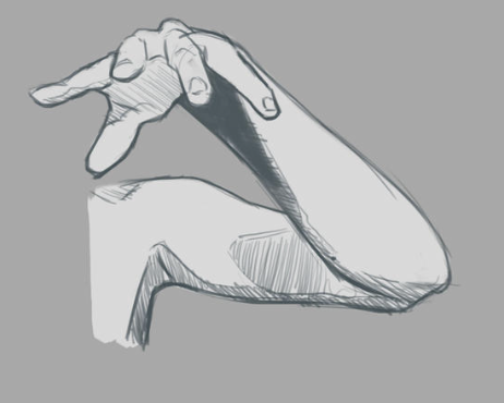 A digital sketch of a human arm bent at the elbow with a hand positioned above it, fingers slightly curled. The drawing uses light and dark shading to emphasize muscle structure and form against a plain gray background.