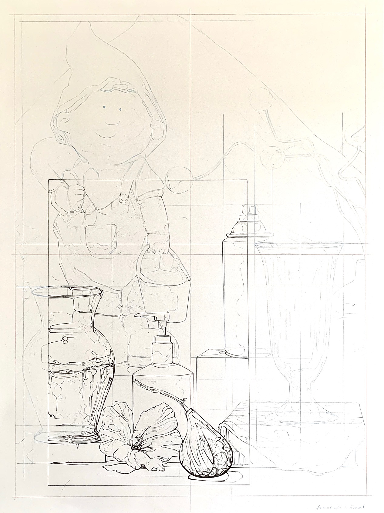 Line drawing of a still life featuring a glass pitcher, a pump bottle, and a branch with leaves arranged on a flat surface as part of a larger still life arrangement. The composition highlights transparent and reflective surfaces with detailed contour lines and subtle shading.