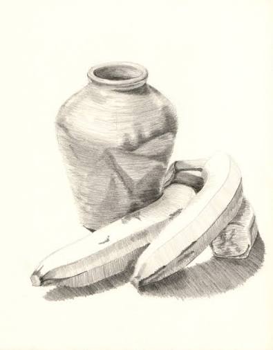 Pencil sketch depicting a ceramic jar and two bananas arranged on a flat surface. Shading and cross-hatching techniques emphasize texture and light direction, creating depth and contrast in the still life composition.