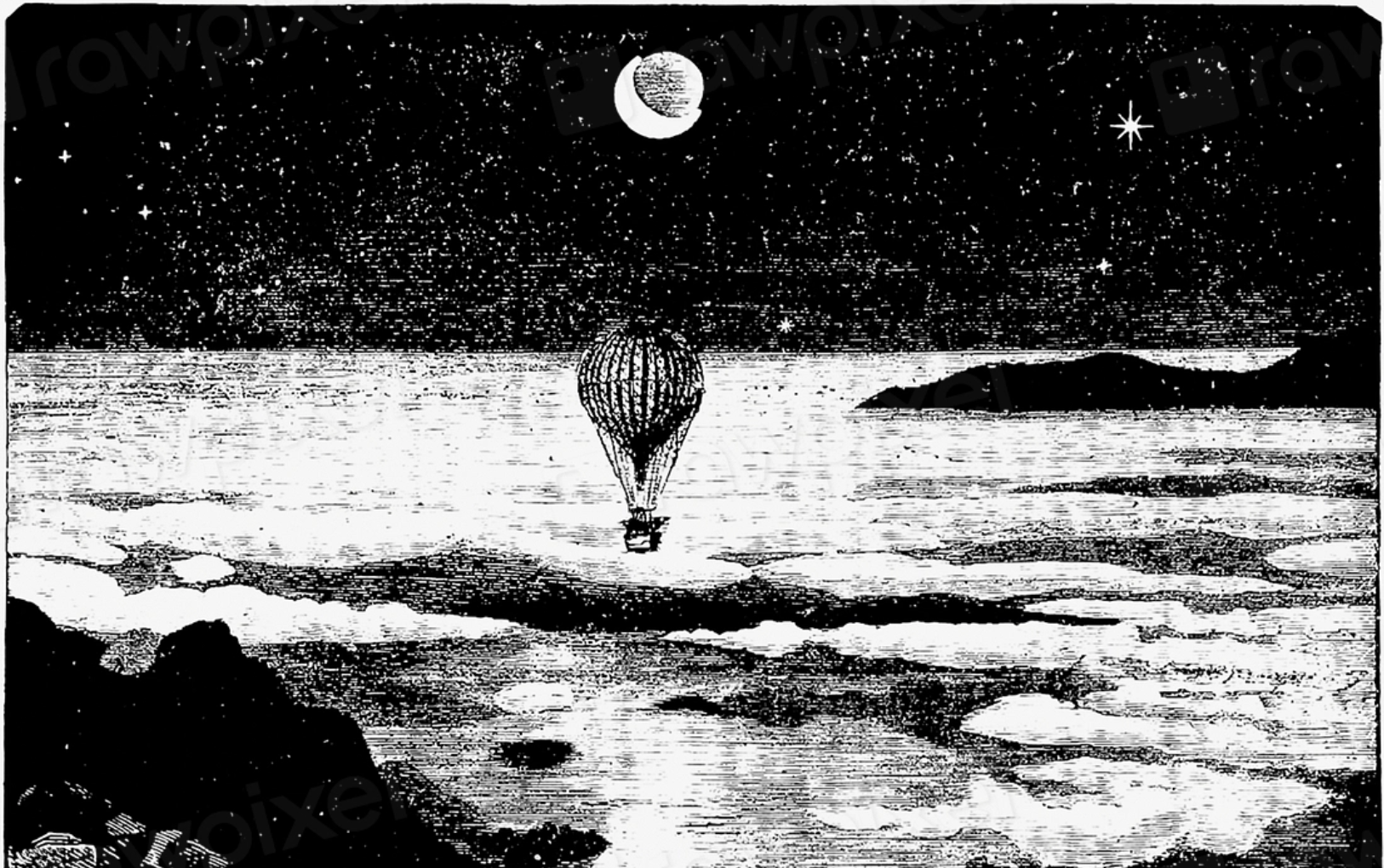 A black and white illustration of a hot air balloon floating above a body of water at night. The scene features a starry sky with a crescent moon, distant hills, and clouds reflecting on the water's surface.