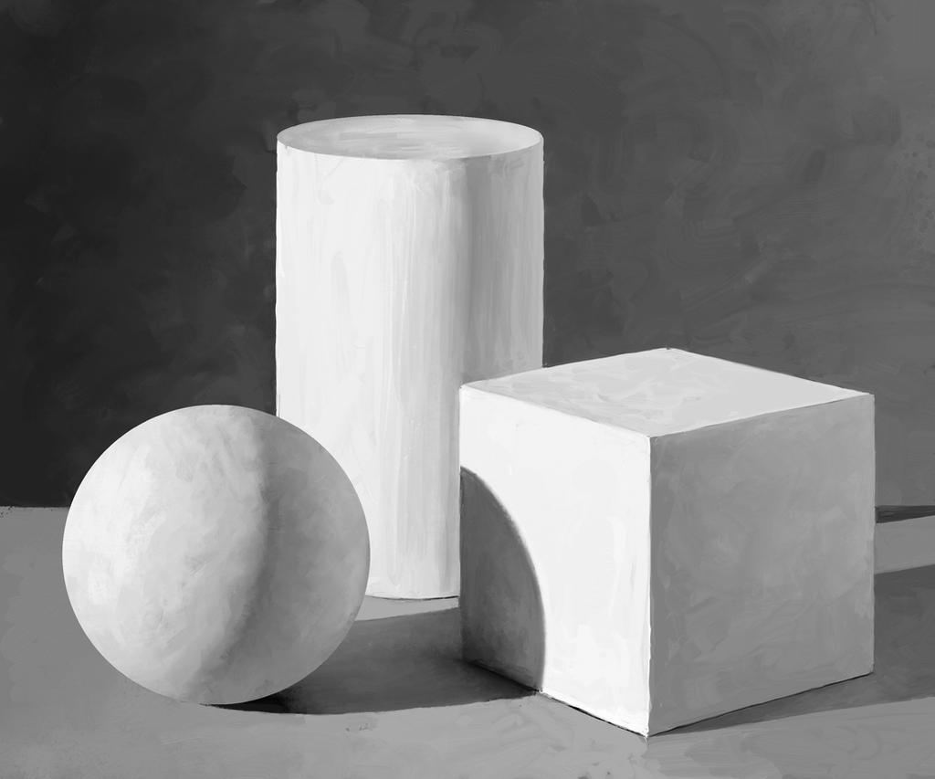 Black and white photograph of three geometric shapes: a sphere, a cylinder, and a cube, arranged on a flat surface with distinct shadows. The composition highlights light source direction and shading techniques on smooth and flat surfaces.