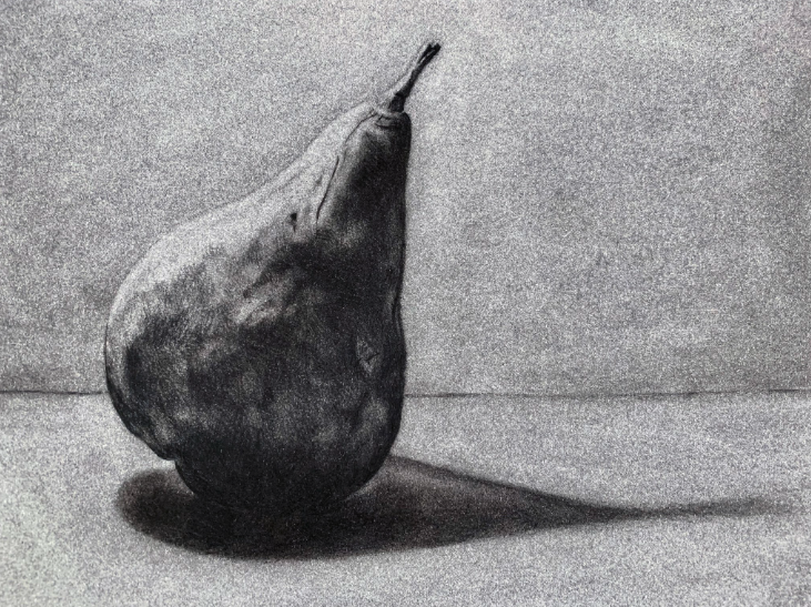 A black and white charcoal drawing of a pear on a flat surface with a textured background. The artwork highlights light and shadow contrasts, emphasizing the pear's rounded shape and casting a long shadow to the right.