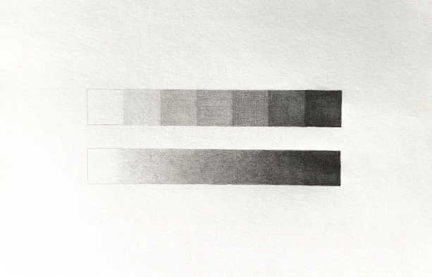 Two grayscale gradient bars demonstrate shading techniques, with the top bar divided into eight distinct rectangular segments transitioning from white to black, and the bottom bar showing a smooth continuous gradient from white to black. This visual comparison highlights differences between segmented and blended shading styles for tonal value representation.