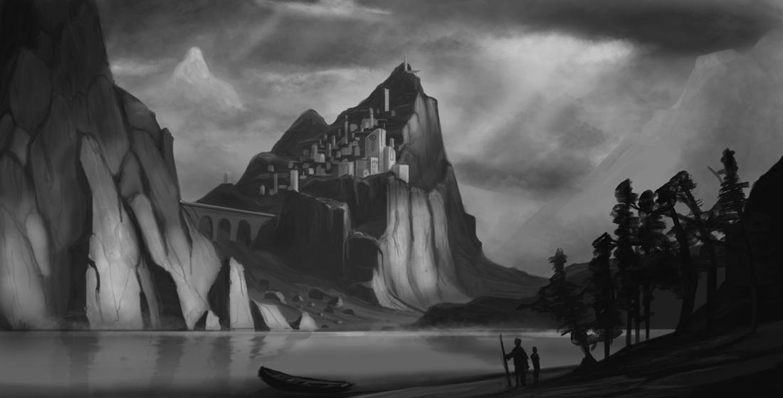 A black and white digital painting depicting a dramatic mountainous landscape with a large fortress or city built into steep cliffs. Two figures stand near a boat on a calm body of water in the foreground, while dark clouds and rays of light create a moody, atmospheric scene.