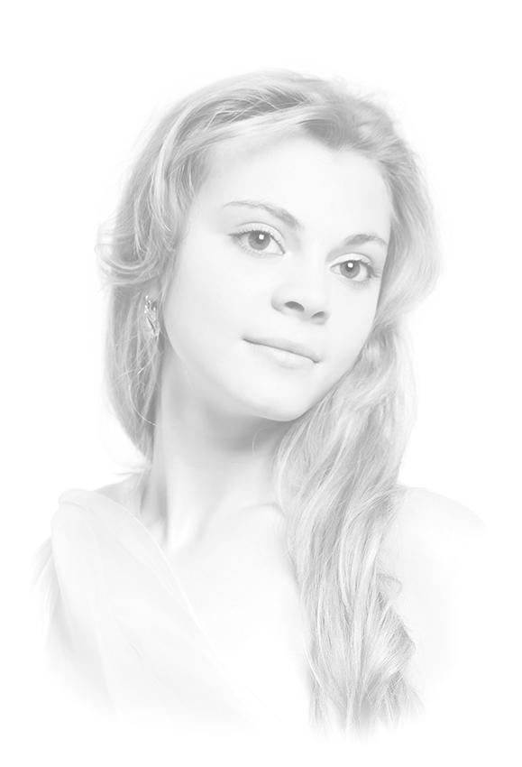 Drawing of a young woman with long, wavy hair looking slightly to the side with a neutral expression. The high-key lighting creates a soft, ethereal effect with minimal shadows and a white background.