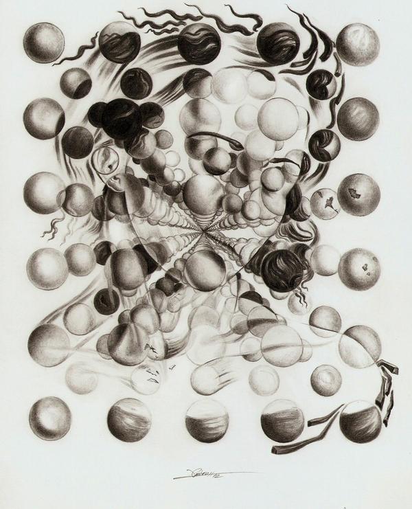 Drawing featuring numerous spheres arranged in a spiraling, tunnel-like pattern creating a sense of depth and motion. Spheres vary in shading from light to dark, with some containing abstract shapes and hair-like strands, enhancing the dynamic and hypnotic visual effect.