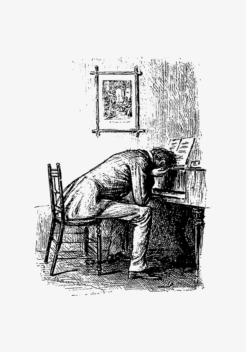 A black and white illustration depicts a man sitting on a wooden chair, leaning forward with his head resting on his arms on a piano keyboard. A framed picture hangs on the wall above the piano, suggesting a scene of exhaustion or deep contemplation related to music.