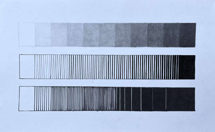 Three horizontal gradient scales demonstrate shading techniques, with the top scale using smooth pencil shading, the middle scale using vertical lines, and the bottom scale using vertical lines with varying thickness and spacing. Each scale transitions from white on the left to solid black on the right, illustrating different methods to achieve tonal variation.