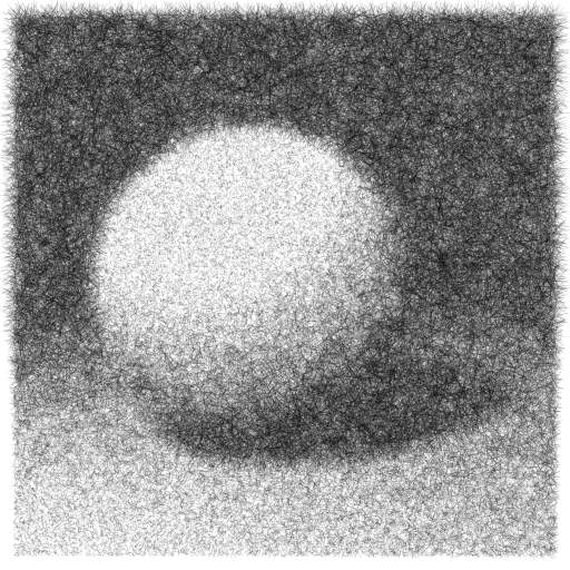A black and white stippled drawing depicts a spherical object resting on a flat surface with a dark background. Dense clusters of dots create shading and depth, highlighting light source from the upper left and casting a shadow beneath the sphere.