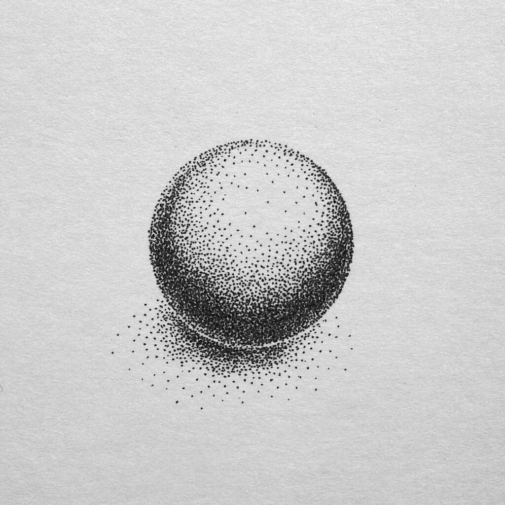 A black and white stippling drawing of a sphere resting on a surface, created using numerous small dots to form shading and depth. Darker dot clusters indicate shadow areas beneath and on the left side of the sphere, while lighter dot spacing suggests light hitting the upper right side.