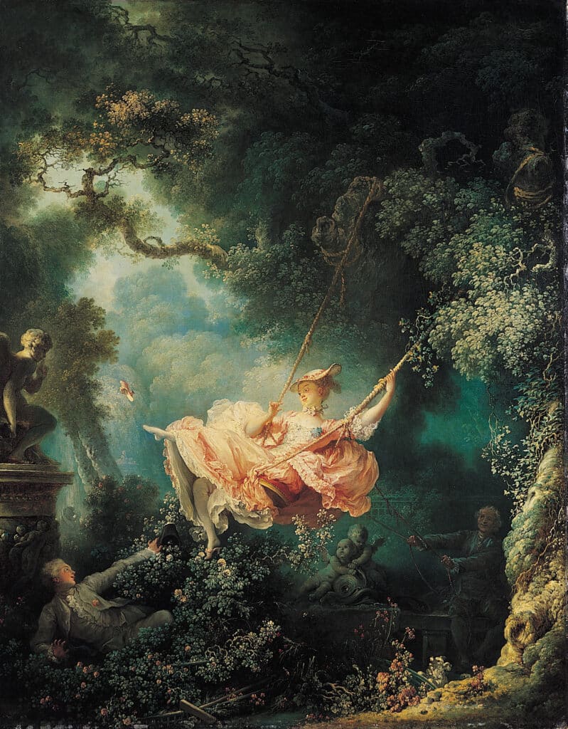 Rococo painting depicting a young woman in a pink dress swinging joyfully from a tree branch in a lush, overgrown garden. The scene features intricate details like a statue, two men observing from below, and vibrant foliage illuminated by soft, diffused light.