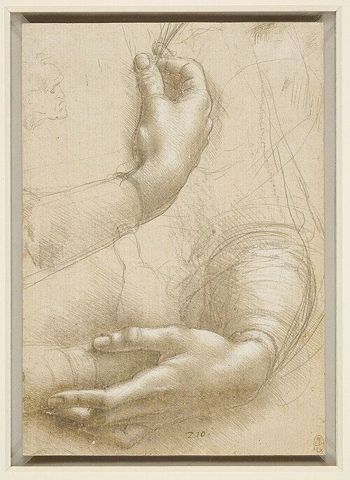 A detailed sketch depicting three human arms and hands with one hand closed while the other is open and relaxed around an arm. The drawing features fine shading and cross-hatching techniques, with faint outlines of additional figures and anatomical studies in the background.