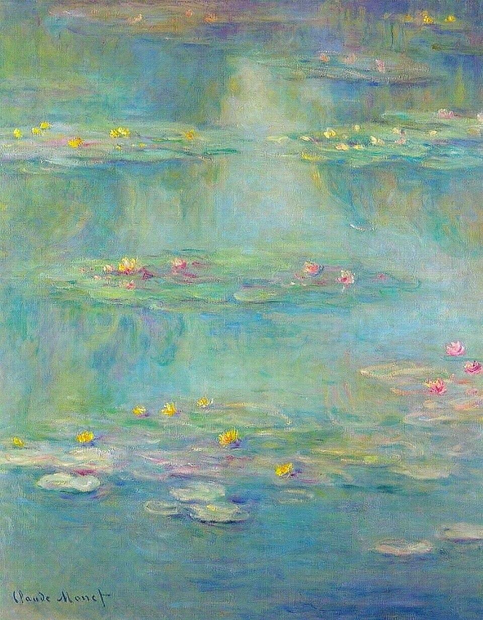 Impressionist painting depicting a serene pond with numerous water lilies floating on the surface. Soft pastel colors of blue, green, yellow, and pink create a tranquil atmosphere, highlighting reflections and delicate floral details.