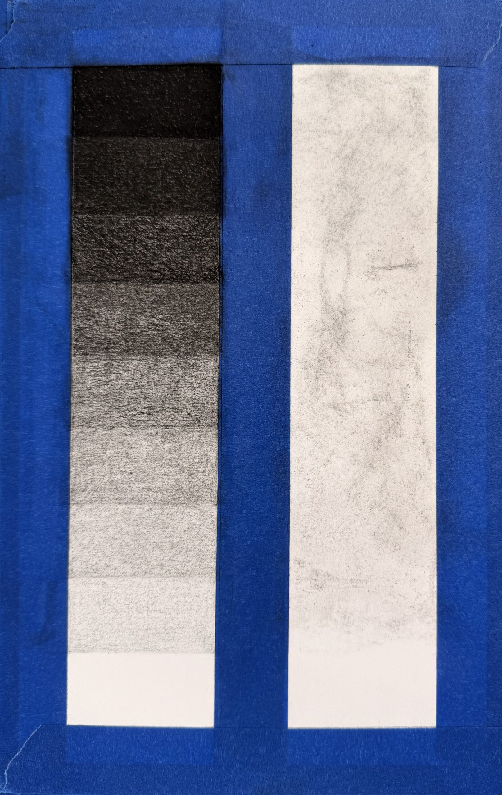 Photograph of two rectangular strips side by side on a blue background, with the top strip showing a faint, uneven gray texture and the bottom strip displaying six vertical value gradations from black to white.