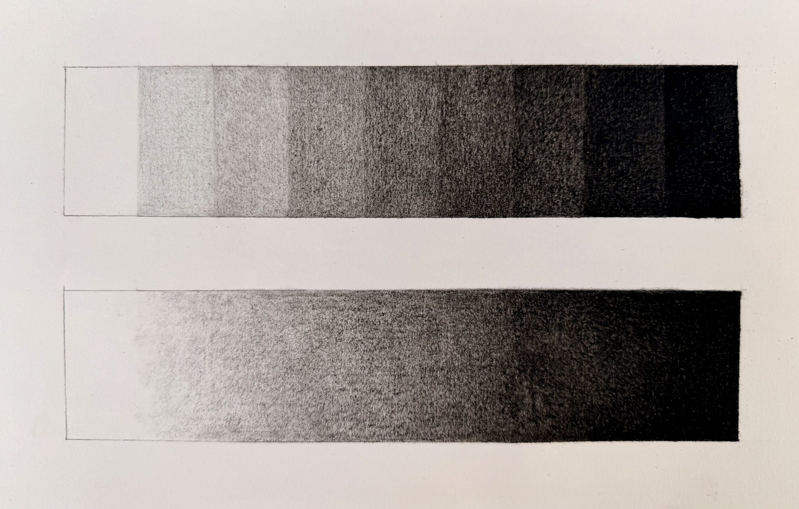 Two grayscale gradient bars demonstrate shading techniques, with the bottom bar divided into distinct rectangular segments transitioning from white to black, and the top bar showing a smooth, continuous gradient from light to dark. This comparison highlights differences between segmented and blended shading styles for visual texture and depth.