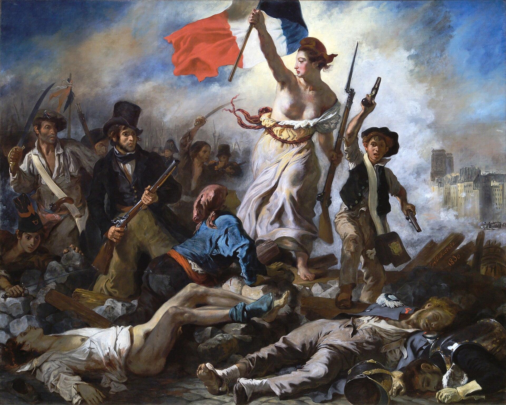 Painting depicts a woman personifying Liberty leading a diverse group of revolutionaries over barricades during a battle, holding a French tricolor flag and a musket. The scene features fallen soldiers, smoke-filled sky, and dynamic poses symbolizing struggle and uprising in a historical revolutionary context.