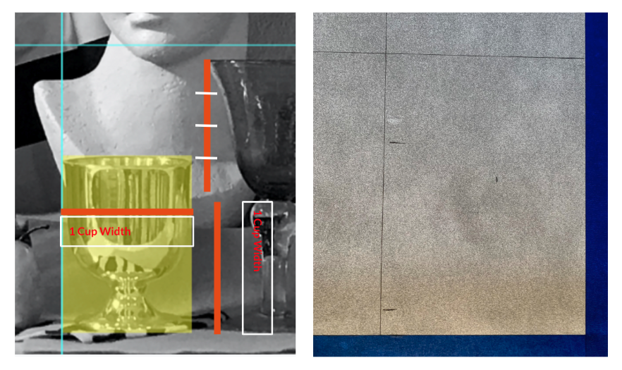 A split photograph showing two sections: the left side features a close-up of a yellow-highlighted cup with measurement lines indicating "1 Cup Width" and a smaller labeled "Cup Width" for scale comparison. The right side displays a textured surface with faint vertical and horizontal lines, possibly for alignment or measurement reference, framed by a blue border.