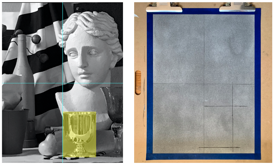 A split photograph and drawing setup shows a still life arrangement on the left with a bust, bottle, cup, and striped cloth, marked with vertical and horizontal guide lines. On the right, a blank drawing surface taped to a board features faint grid lines and initial sketch marks, indicating preparation for a detailed drawing of the still life.