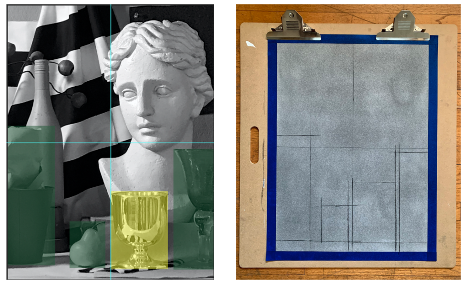 A side-by-side comparison photograph and drawing setup shows a still life arrangement with a classical bust, bottles, and glasses on the left, and a preliminary sketch with vertical and horizontal guidelines on the right. The photograph features grayscale tones with highlighted areas in green and yellow, while the drawing uses pencil lines on textured paper secured by blue tape on a wooden board, illustrating the initial stages of translating the scene into a structured composition.