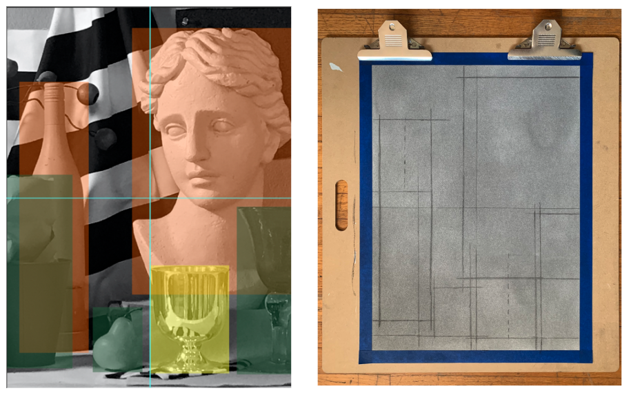 A side-by-side photograph shows a still life arrangement on the left and a corresponding drawing setup on the right. The left side features a bust, bottles, and glassware with colored translucent overlays highlighting specific objects, while the right side displays a taped drawing paper with faint geometric guidelines matching the arrangement's composition.