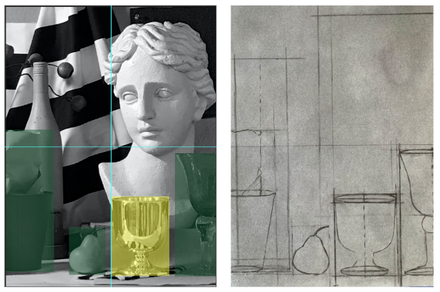 A side-by-side comparison photograph and pencil sketch shows a still life arrangement with bottles, a bust, a goblet, and fruit. The photograph highlights the goblet in yellow and vertical and horizontal guide lines in blue, while the sketch outlines the same objects with precise geometric construction lines.