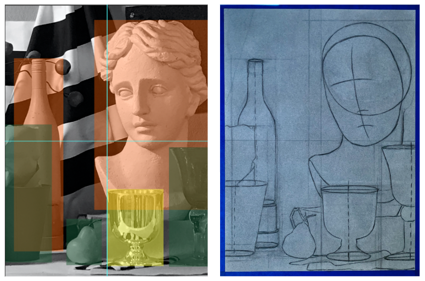 A side-by-side comparison of a still life photograph and its corresponding pencil sketch drawing, both featuring a bust, bottle, glass, and fruit arranged on a table. The photograph uses color overlays to highlight objects, while the sketch shows construction lines and basic shapes, illustrating the artistic process from initial outline to detailed image.