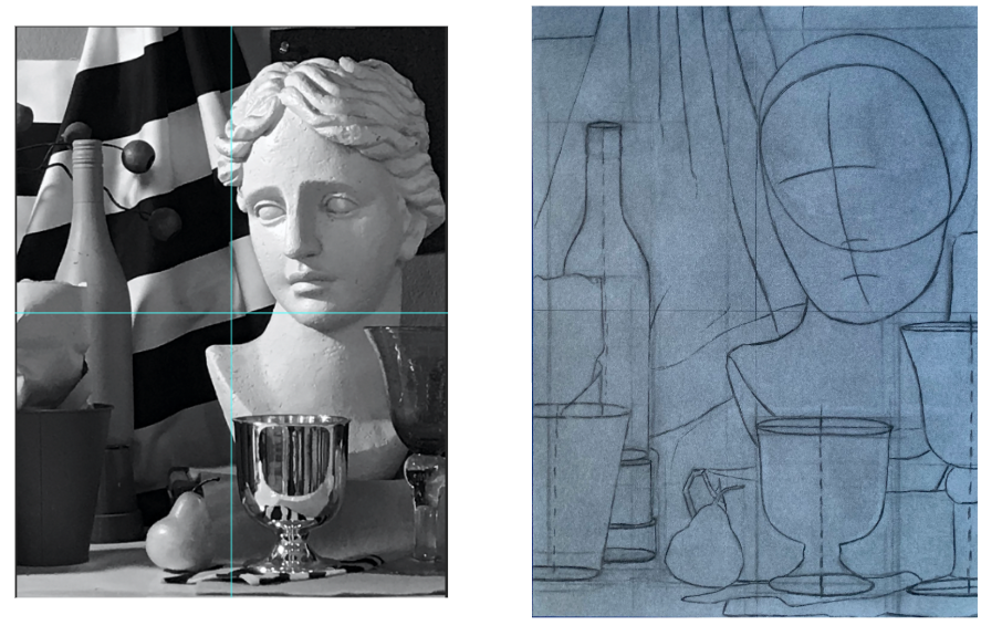 Side-by-side comparison of a black-and-white photograph and a pencil sketch depicting a still life arrangement with a bust, bottles, cups, and a pear. Both images include compositional guidelines with intersecting vertical and horizontal lines, highlighting alignment and proportion of objects within the scene.