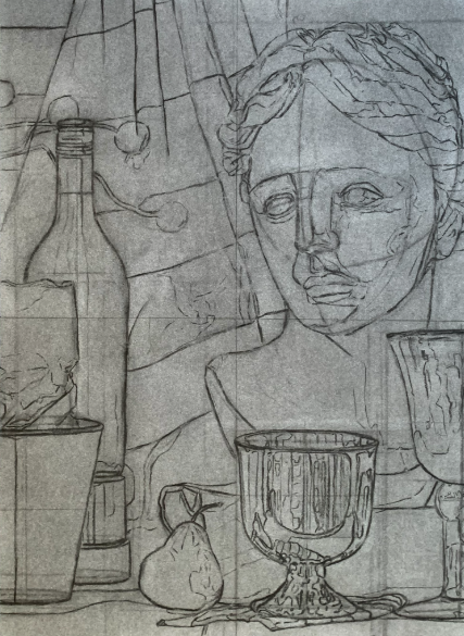 A pencil sketch depicting a still life arrangement featuring a classical bust, a wine bottle, a pear, and three drinking vessels of varying shapes and sizes. The composition uses fine lines and shading to emphasize texture and form, with notable details including the bust's facial features and the intricate design of the goblet in the foreground.