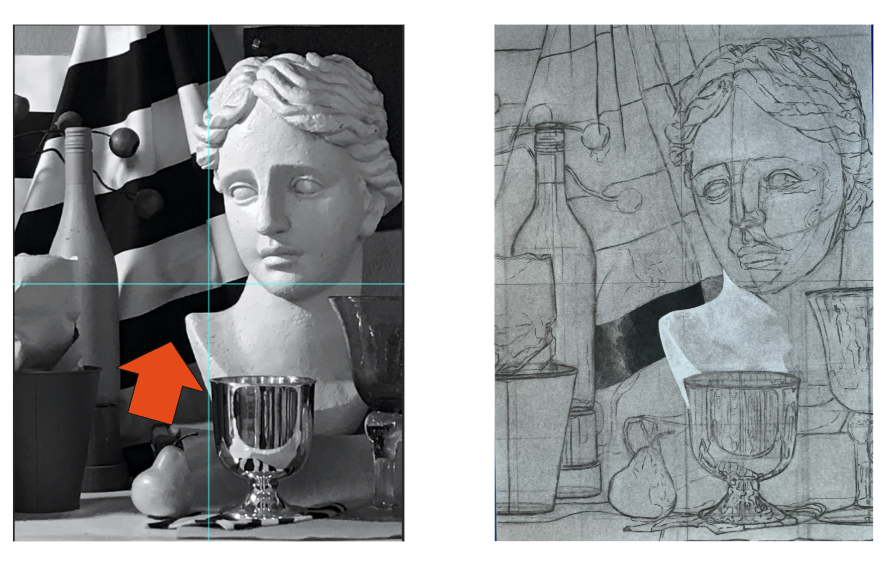 Two-panel comparison showing a grayscale photograph on the left and a corresponding detailed pencil sketch on the right, both depicting a still life arrangement with a bust, bottle, glass, and fruit. The photograph includes grid lines and an orange arrow highlighting the bust's neck area, while the sketch replicates the composition with visible contour lines and shading to capture depth and texture.