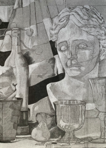 A detailed pencil drawing depicting a still life arrangement with a classical bust, a bottle, various glassware, and fruit. The composition uses shading and line work to create depth and texture, highlighting contrasts between smooth surfaces and intricate details.