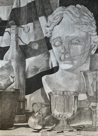 A detailed black and white pencil drawing depicting a classical bust surrounded by various objects including a bottle, a cup, a goblet, and fruit. The composition uses shading and texture to create depth and contrast, highlighting the intricate features of the bust and reflective surfaces of the vessels.