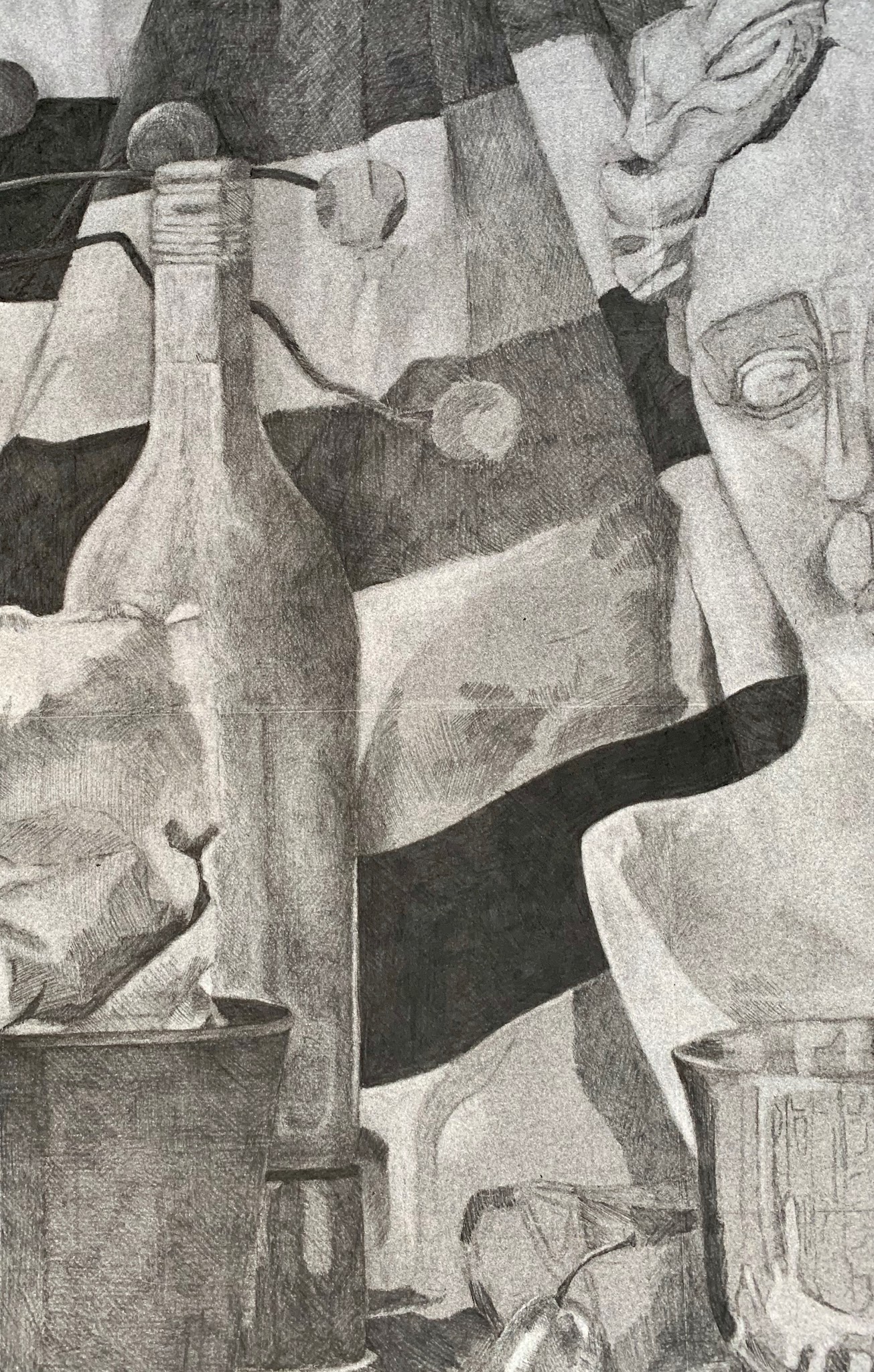 A detailed pencil drawing depicting a still life arrangement with a bottle, crumpled paper, a bust sculpture, and a glass. The composition features strong contrasts of light and shadow, with textured shading creating depth and highlighting the interplay between objects.