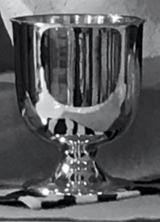 Photograph of a reflective silver cup placed on a cloth surface. The cup features a smooth, polished finish with vertical reflections and a rounded base.