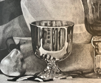 A black and white drawing of a reflective metal goblet placed on a surface alongside a pear and other objects. The goblet's polished surface captures distorted reflections of surrounding items, creating an intricate interplay of light and shadow.