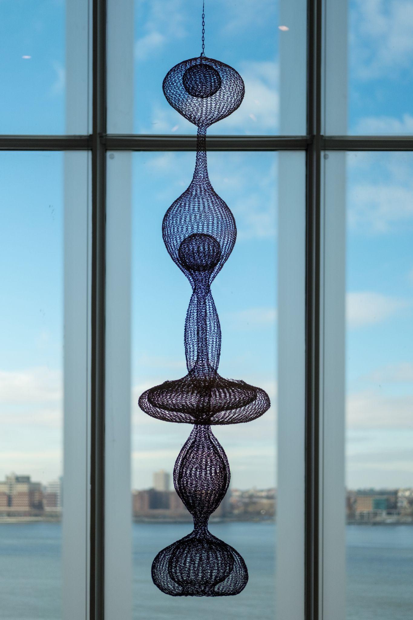Photograph of a tall, vertically hanging wire sculpture composed of interconnected bulbous shapes with a dark color, suspended in front of large window panes. Background shows a body of water and distant buildings under a partly cloudy sky.