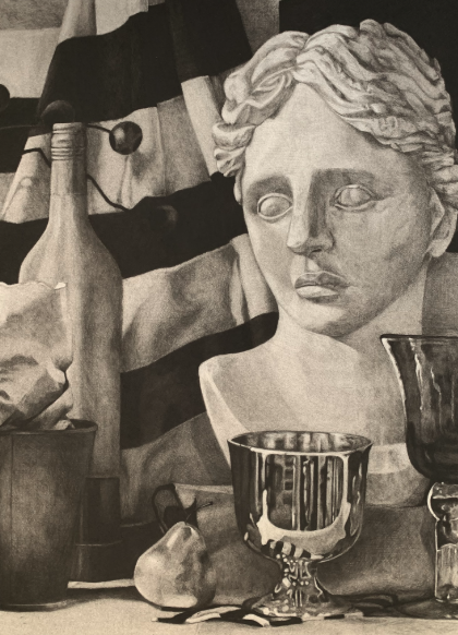 A black and white drawing of a still life composition featuring a classical bust, a wine bottle, a pear, and reflective goblets arranged on a surface. The image highlights contrasts in texture and light, with the bust's smooth stone surface juxtaposed against shiny metal and glass objects.