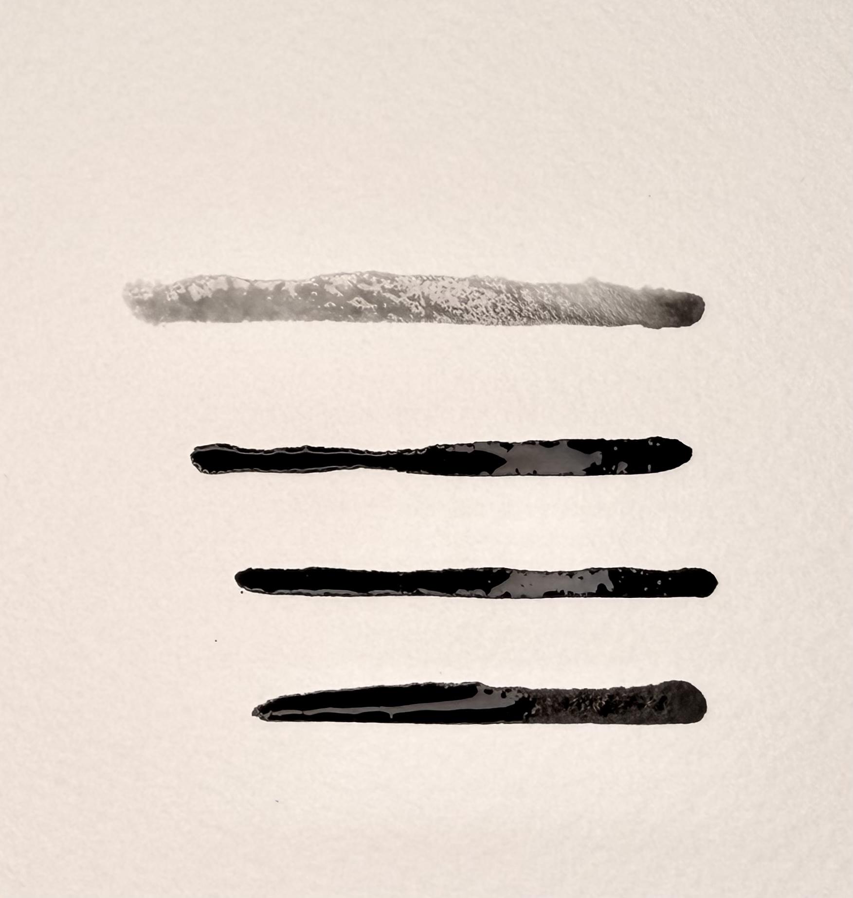 Abstract artwork featuring four horizontal brush strokes of varying thickness and texture on a light background. The top stroke is light gray with a rough texture, while the three lower strokes are solid black with subtle variations in shape and edges.