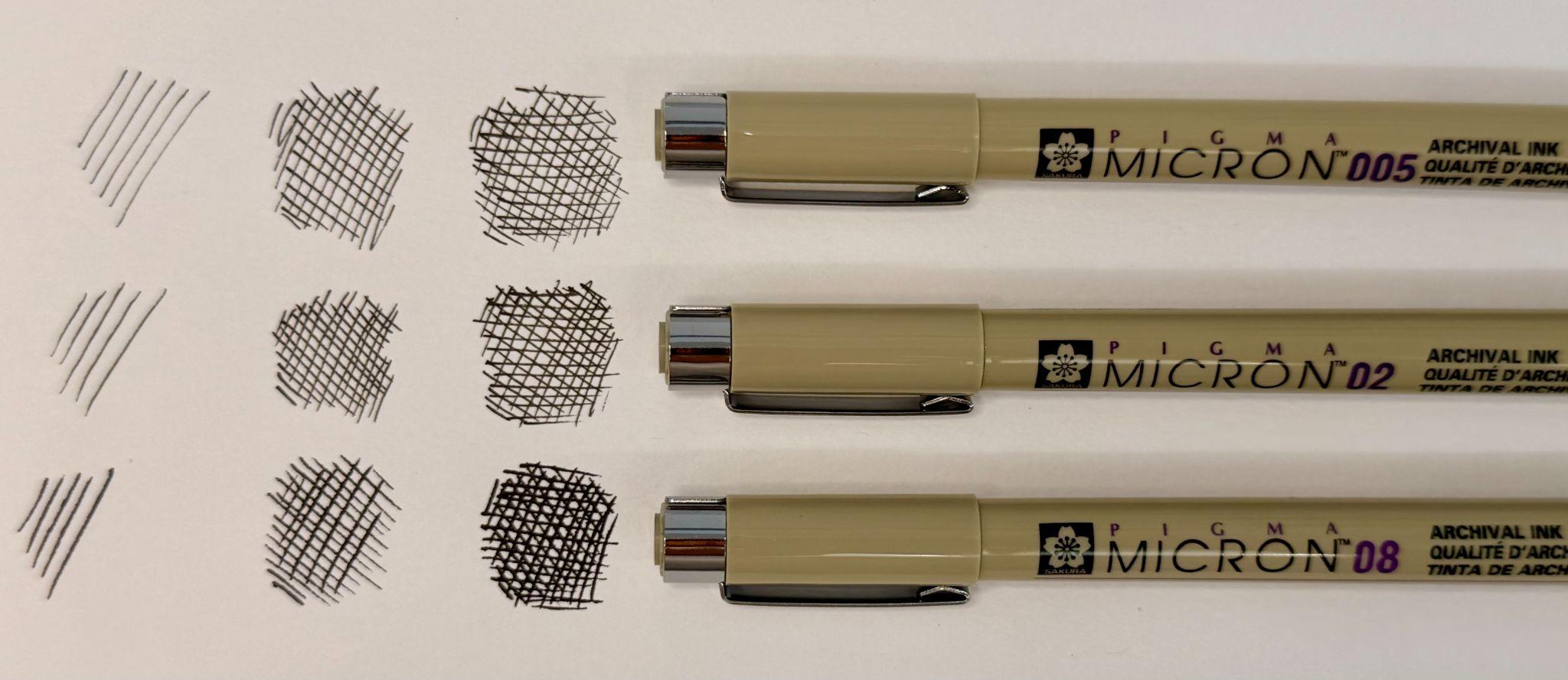 Photograph showing three Micron archival ink pens labeled 005, 02, and 08, each paired with corresponding crosshatch shading samples demonstrating varying line thickness and density. The shading progresses from light to dark with increasing pen size, highlighting differences in ink application and pen tip precision.