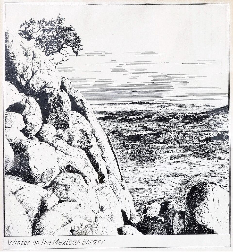Black and white illustration depicting a rocky coastline with a tree atop a cliff overlooking a choppy sea under a cloudy sky. The artwork, titled "Winter on the Mexican Border," emphasizes texture and contrast in rocks and waves, capturing a rugged, natural landscape.