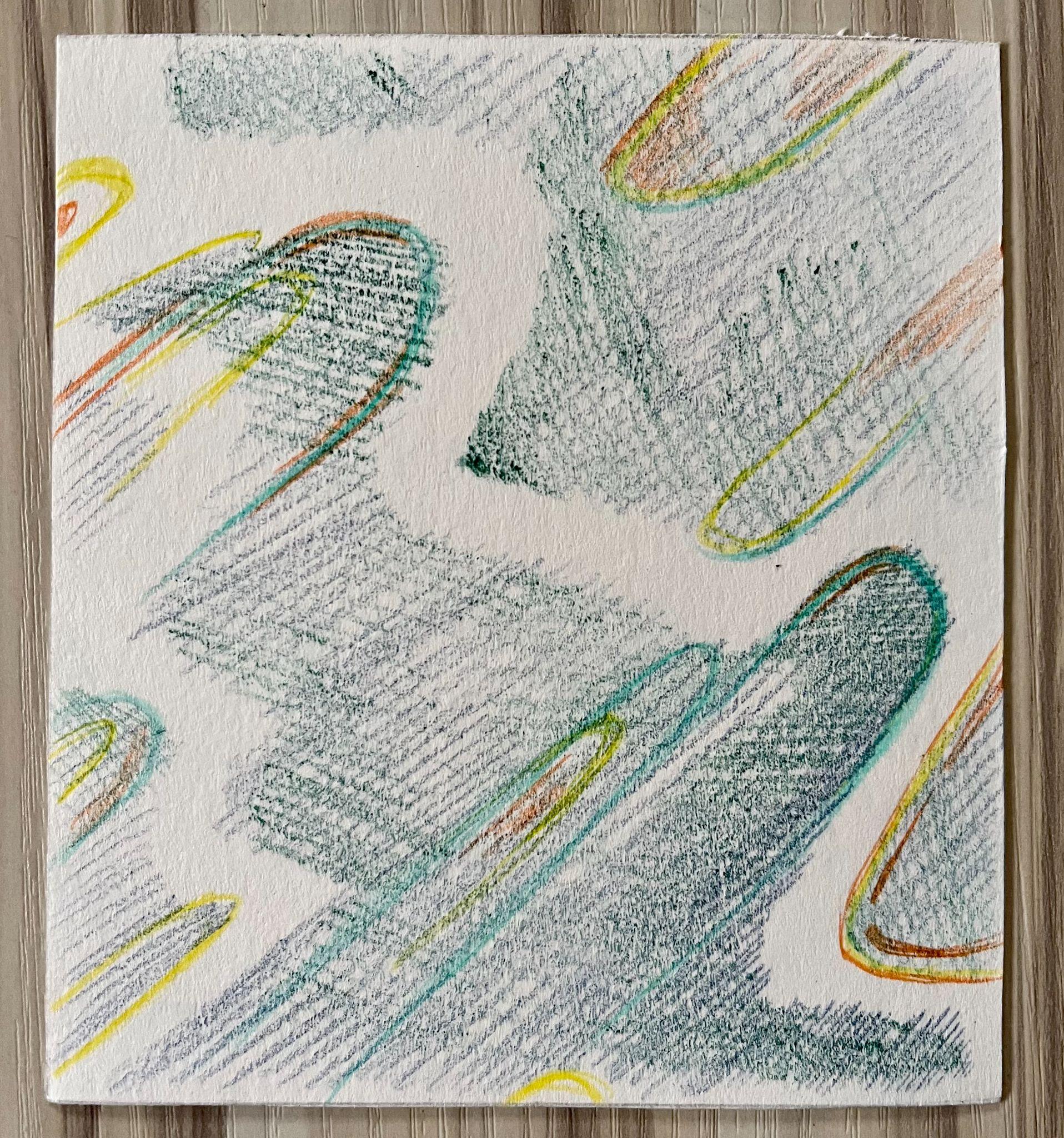 Abstract drawing featuring overlapping elliptical shapes and shaded areas in green, yellow, orange, and blue tones on textured white paper. The composition emphasizes dynamic movement through curved lines and varied shading intensity, creating a sense of depth and flow.