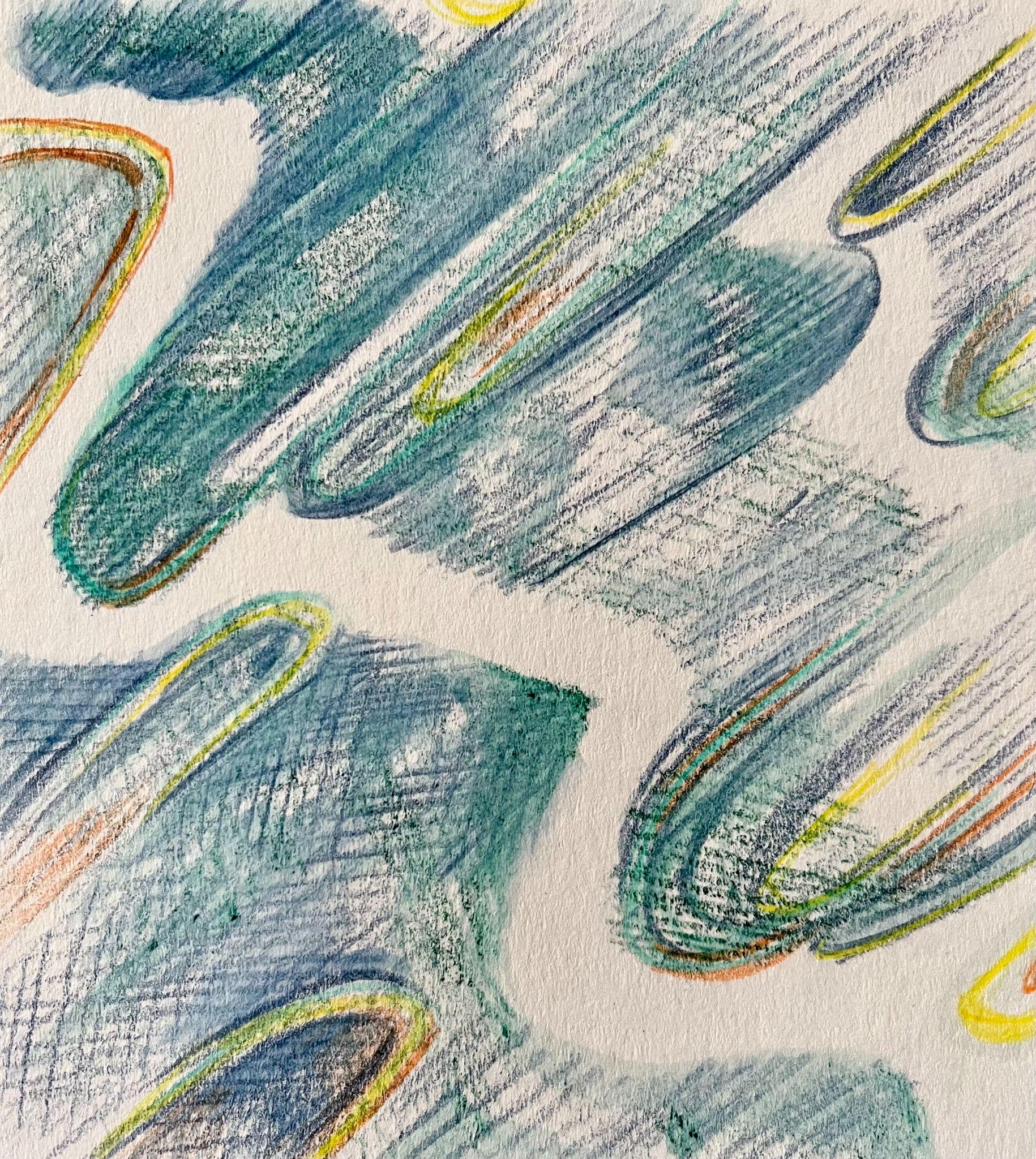 Abstract drawing featuring multiple elongated, rounded shapes with layered outlines in green, yellow, orange, and blue. Shapes are filled with textured blue-green shading and arranged diagonally across a white background, creating a dynamic, flowing pattern.