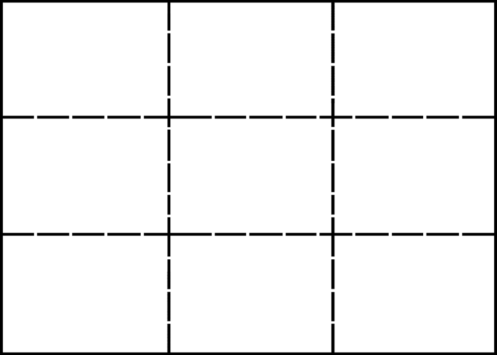 Diagram of a 3x3 grid with solid vertical lines and dashed horizontal lines dividing the space into nine equal rectangles. The grid structure highlights the contrast between line styles for vertical and horizontal separations.