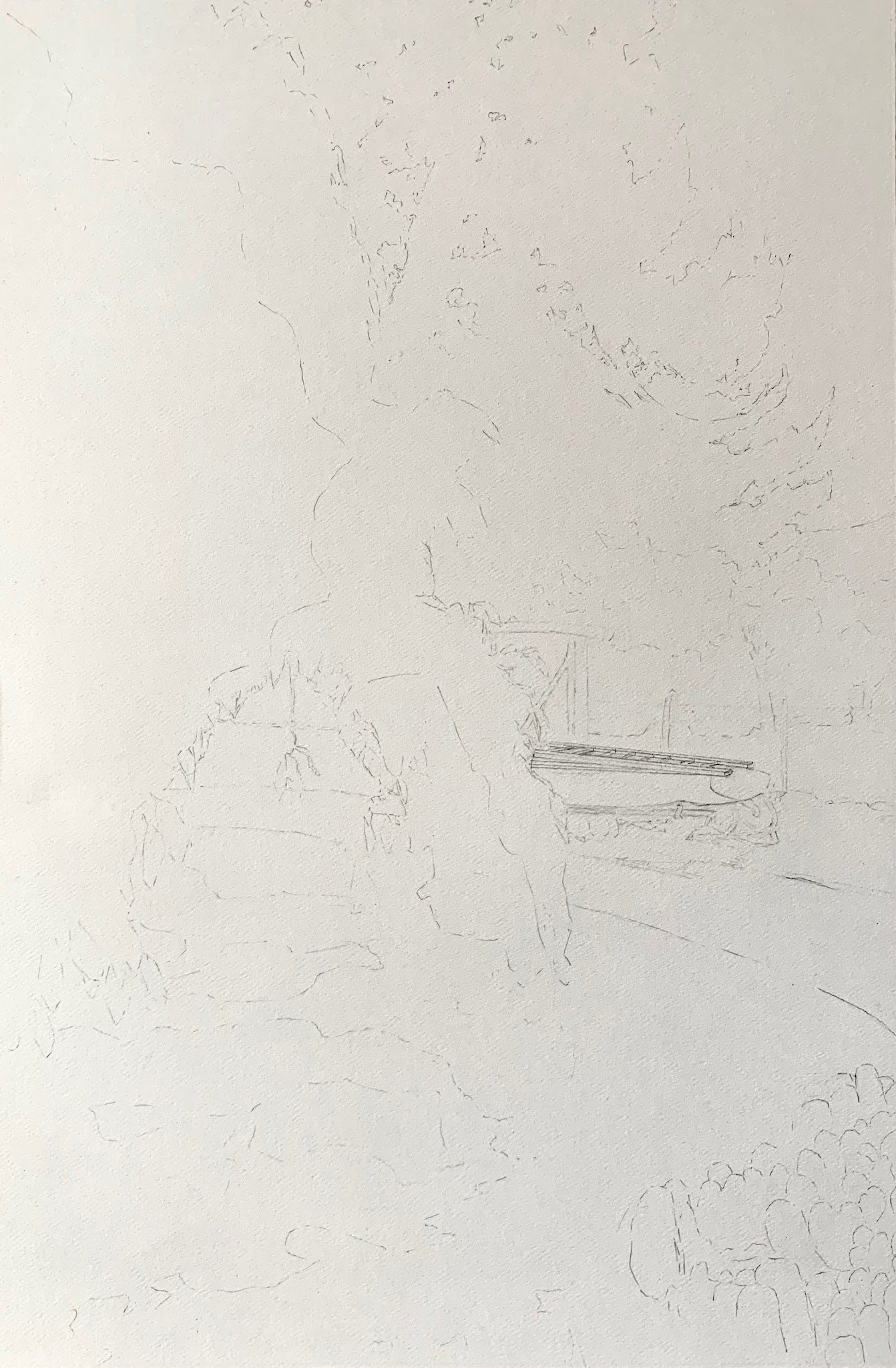 A pencil sketch depicting an outdoor garden area featuring a leafy tree and a boat. Light, fine lines outline key elements such as the boat, rocks, and foliage, suggesting an early stage of drawing or planning for a detailed artwork.