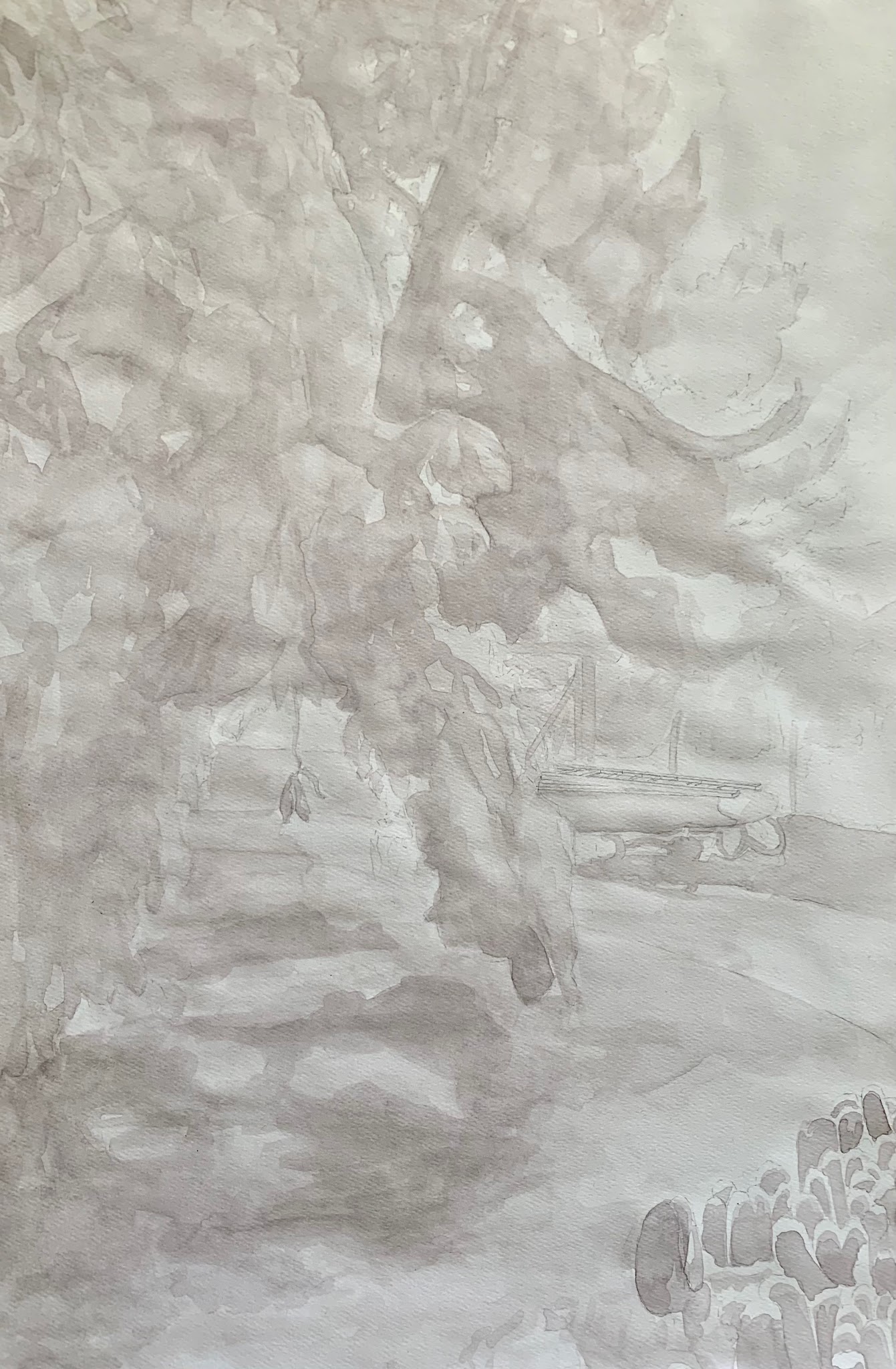 A grayscale watercolor painting depicting a large tree with sprawling branches and dense foliage dominating the left side, casting shadows on the ground. In the background, there is a small boat, while the lower right corner features a cluster of rounded plants, adding depth and natural elements to the scene.