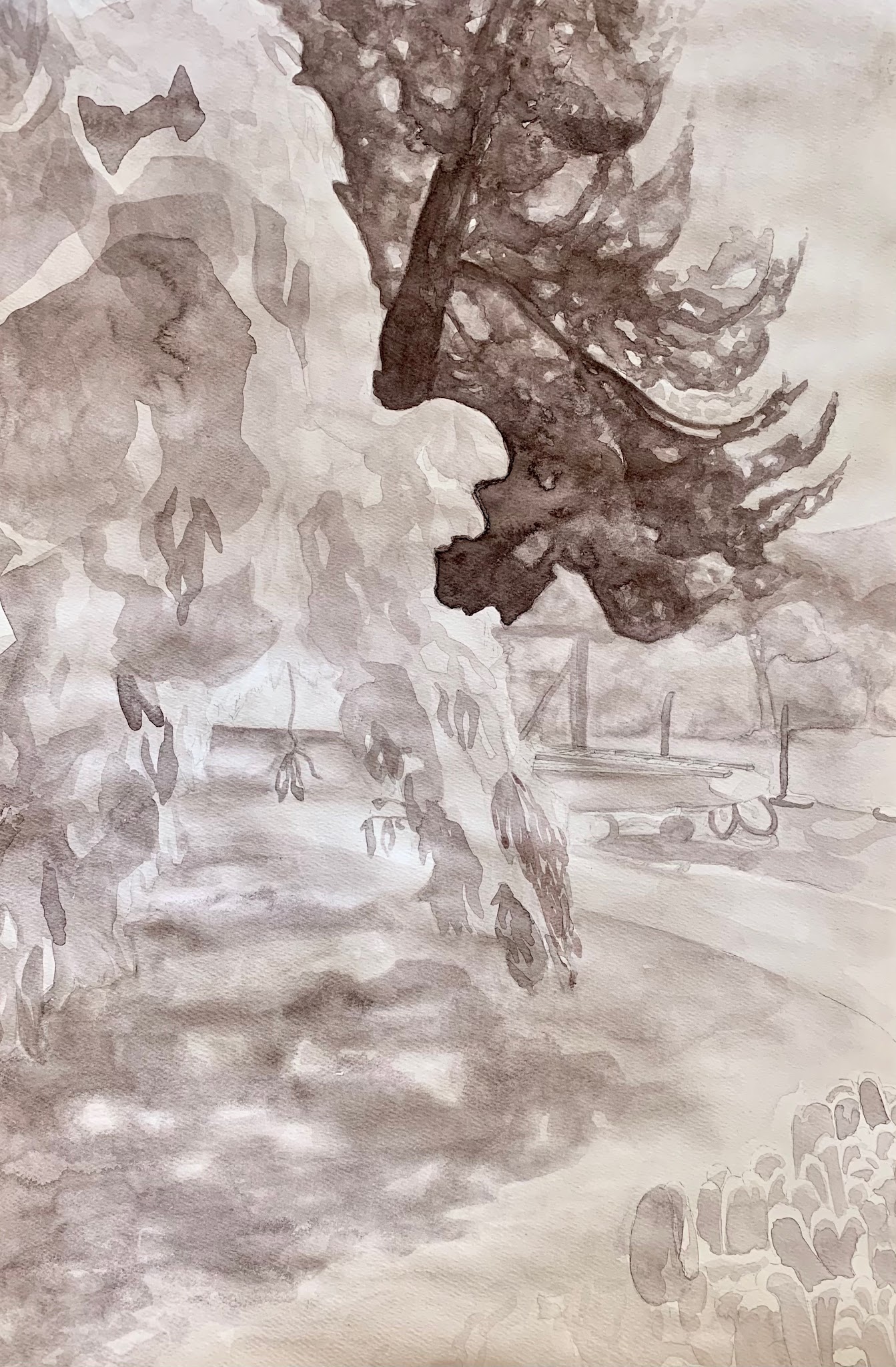 A monochromatic watercolor painting depicts a wooded area with boat and fence. The scene features blurred trees and a faint fence in the background.