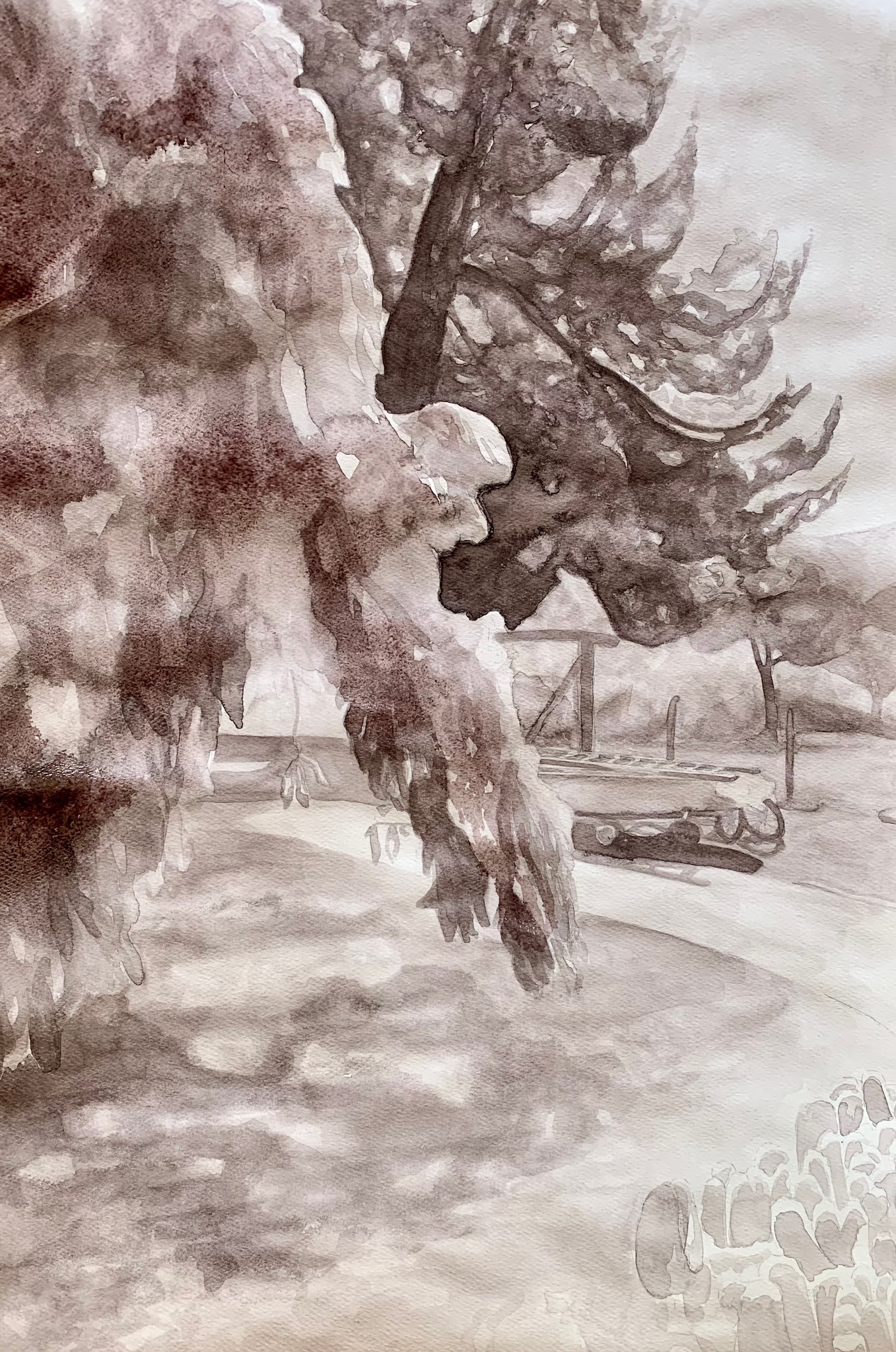 A watercolor painting captures a large tree with sprawling branches extending over a boat. Soft shadows and light create a serene atmosphere, highlighting natural textures.