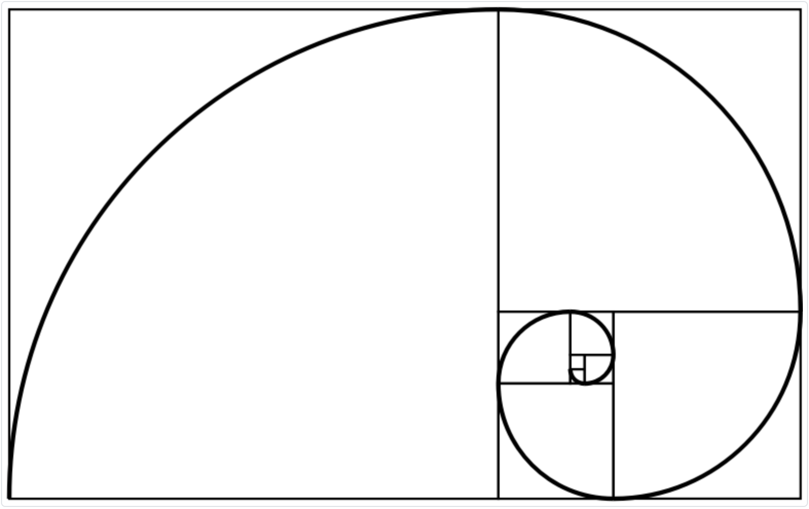 Diagram of a black and white golden spiral composed of connected quarter circles within squares of decreasing size arranged in a rectangular grid. The spiral illustrates the Fibonacci sequence and golden ratio through progressively smaller squares and arcs forming a continuous curve.
