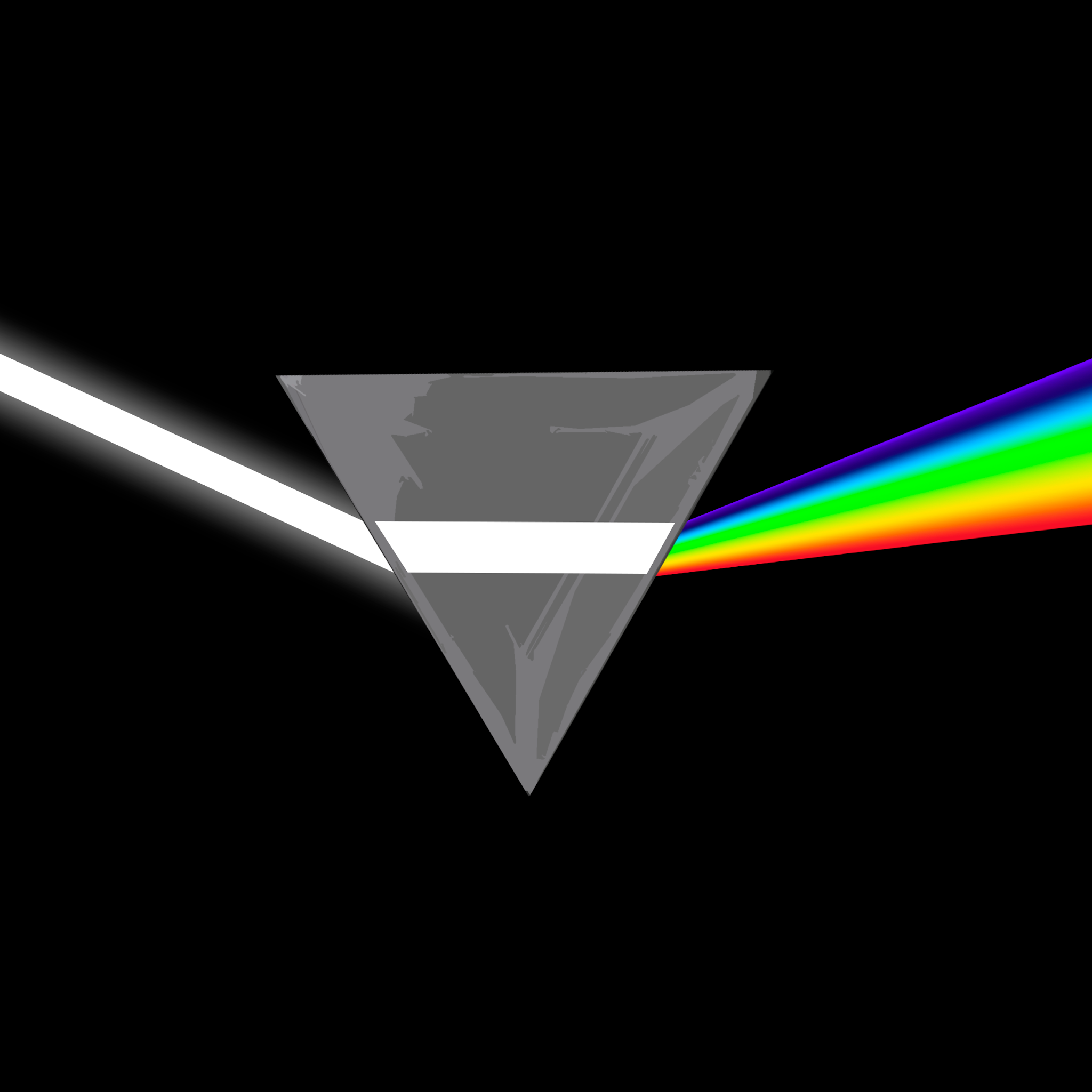 Diagram showing white light entering a gray triangular prism from the left and dispersing into a rainbow spectrum on the right. This illustrates light refraction and dispersion, with distinct colors red, orange, yellow, green, blue, and violet emerging from the prism against a black background.